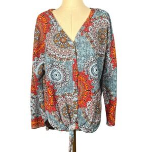 IWollence Mandala Print Tie Front Button Up V-Neck Top Blue Orange Size M
